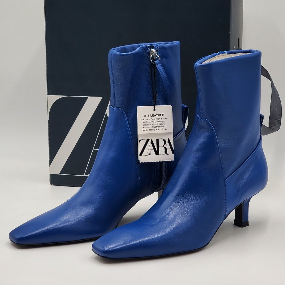 Zara Electric Blue Leather Kitten Heel Booties - NWT - Picture 3 of 16